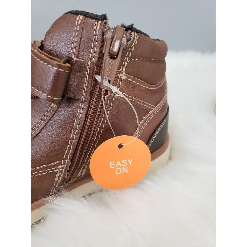 NEW Toddler Easy On Off‎ Boot Size 5 Brown Winter fall Faux Leather Combat biker